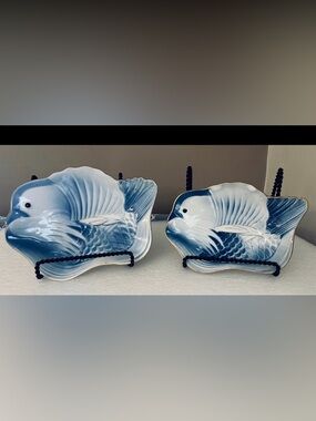 Antique Japanese Blue And White Fish Shaped Plates, Set Of 2